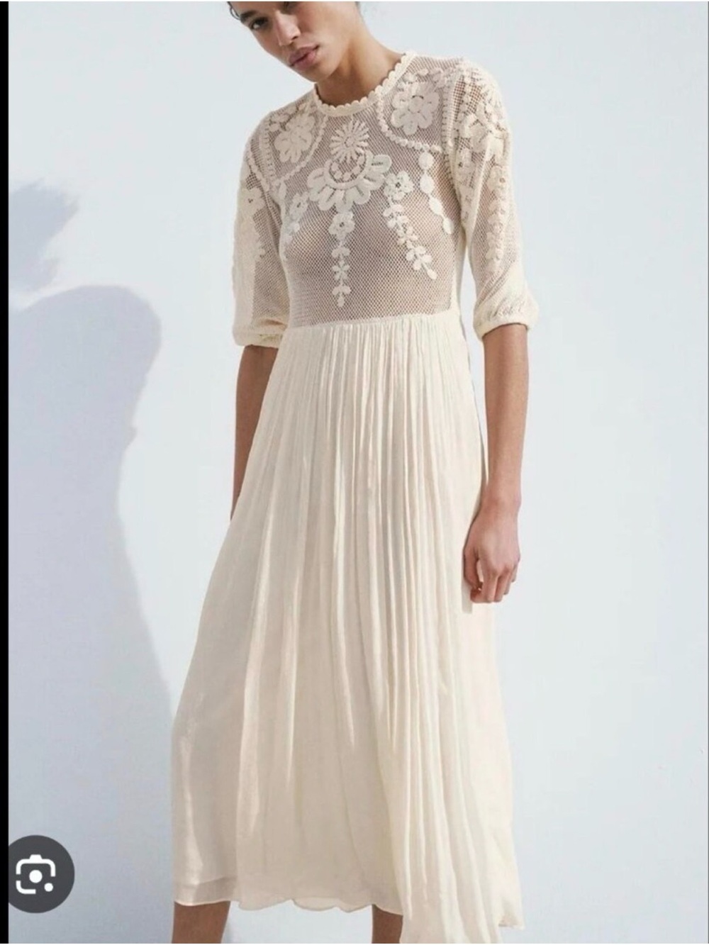 ZARA Embroidered Crochet Boho Midi Dress – Cream/Ivory – Size L